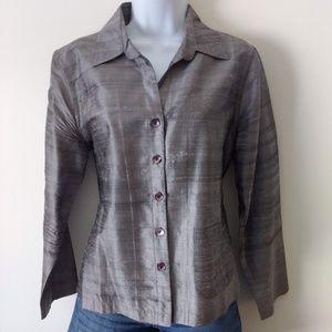 TravelSmith Raw Silk Blouse Gray Petite Medium